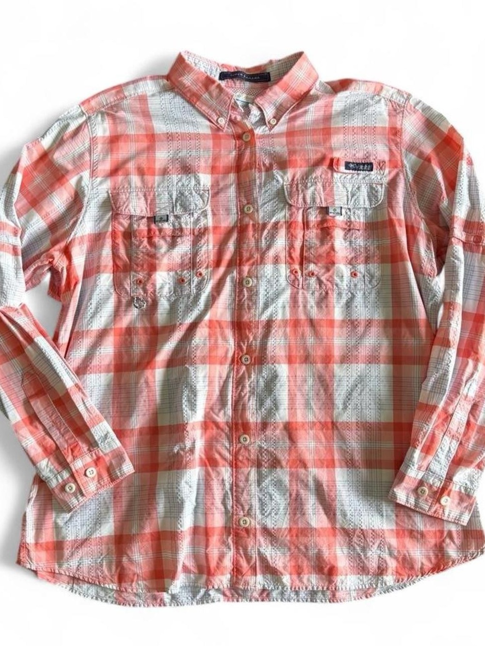 Columbia PFG Super Bahama long sleeve pink blue plaid outdoor fishing shirt